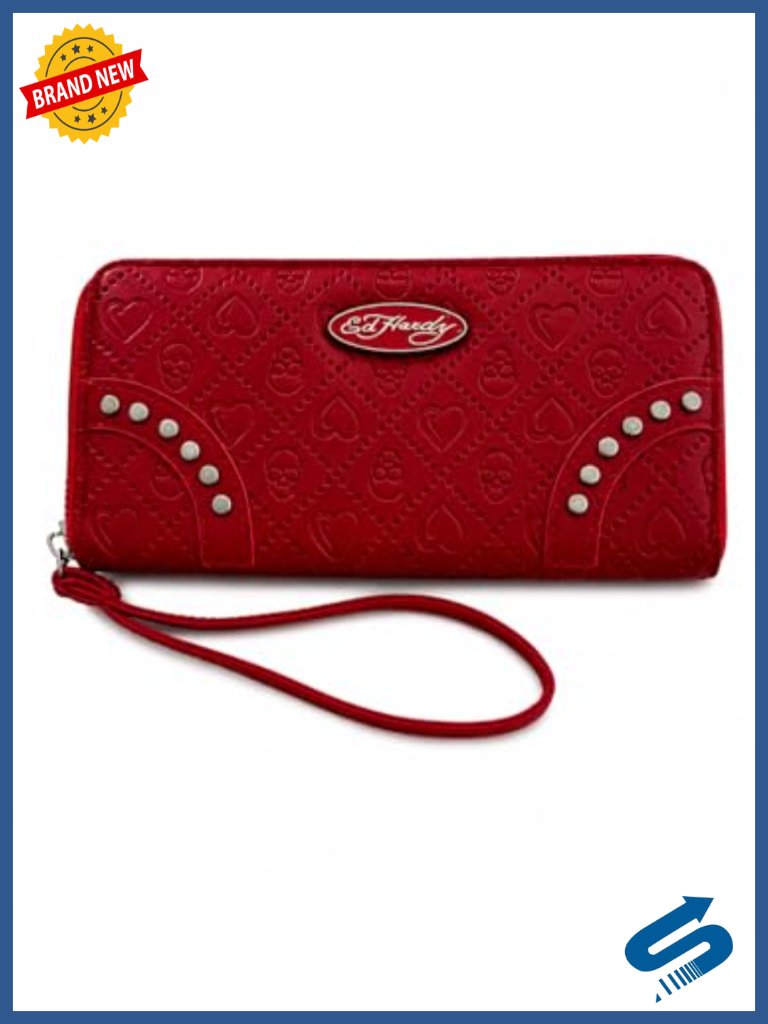 Embossed Skull Zip Around Wallet Wristlet Clutch Organizer With Studs